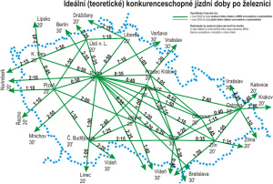 mapa ideálních cestovních časů na železnici mezi městy v ČR